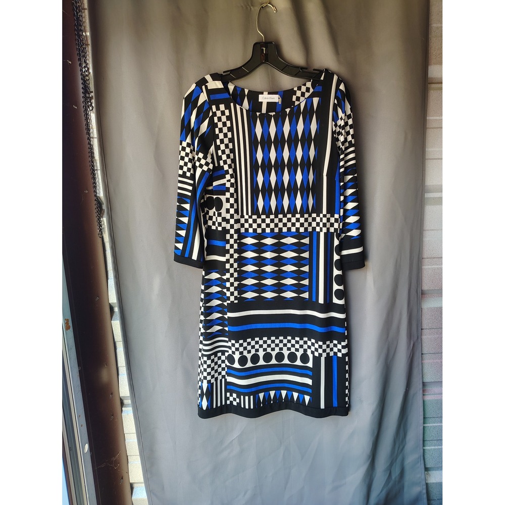 Calvin Klein Geometric Patchwork Print Sheath Dress Blue Black White Womens 4
